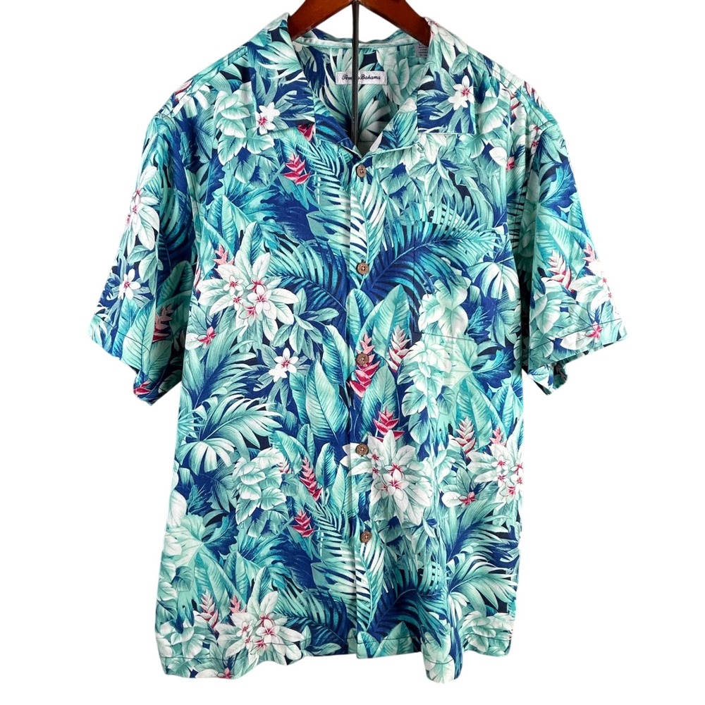 Tommy Bahama Mens Large Silk Blend Tropical Floral Palm Camp Shirt Teal Blue